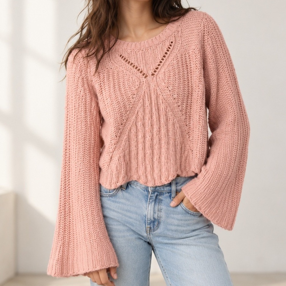 Aerie Cotton Cropped Sweater Womens XS Flare Sleeves Cottagecore Fairy Boho